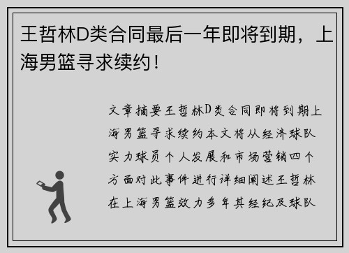 王哲林D类合同最后一年即将到期，上海男篮寻求续约！